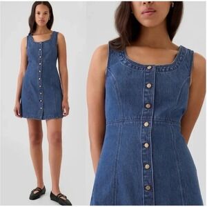 GAP Heritage Denim Dress Medium Wash Sleeveless Button Front Mini XL